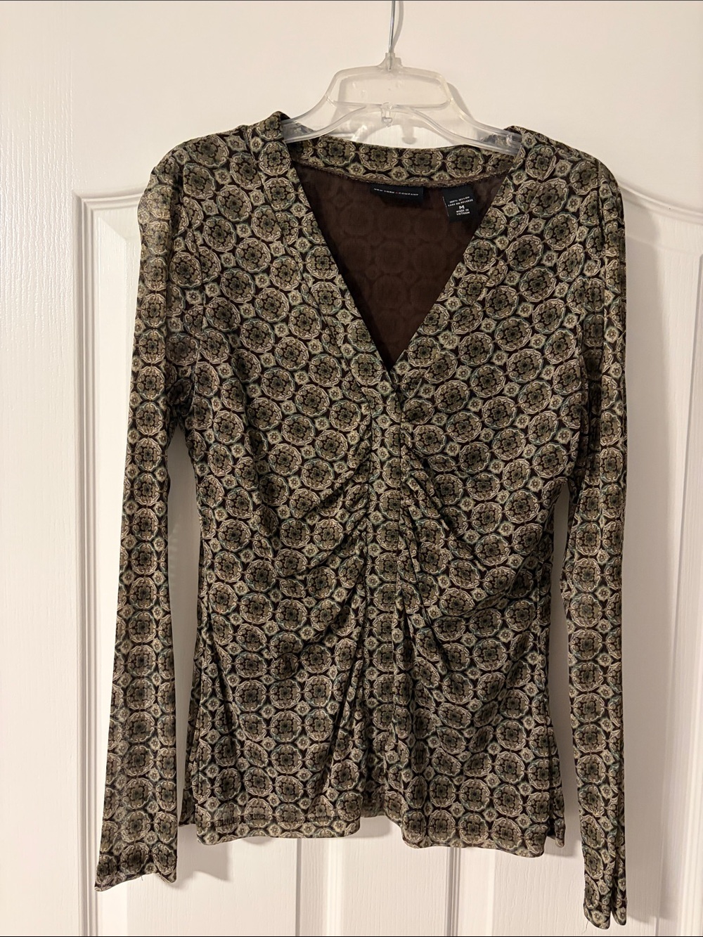 New York & Company Olive and Black Ruched V-Neck Long Sleeve Blouse